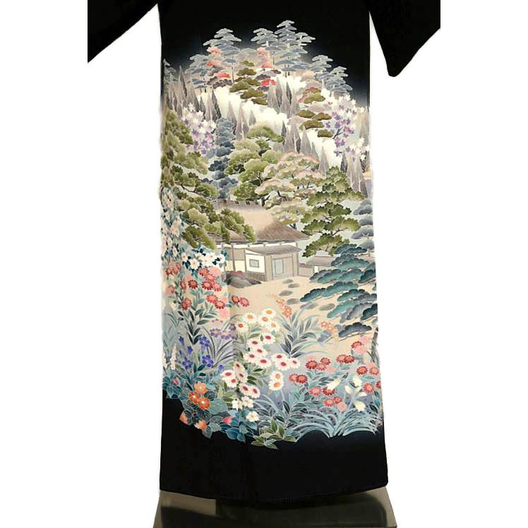 黒留袖 中古 着物 送料無料 最高峰 新品同様 十日町友禅作家・岡村蒼風 暈し染め 風景 花柄 比翼付身丈155.5ｃｍ 裄丈64.5ｃｍ 正絹 結婚式_2