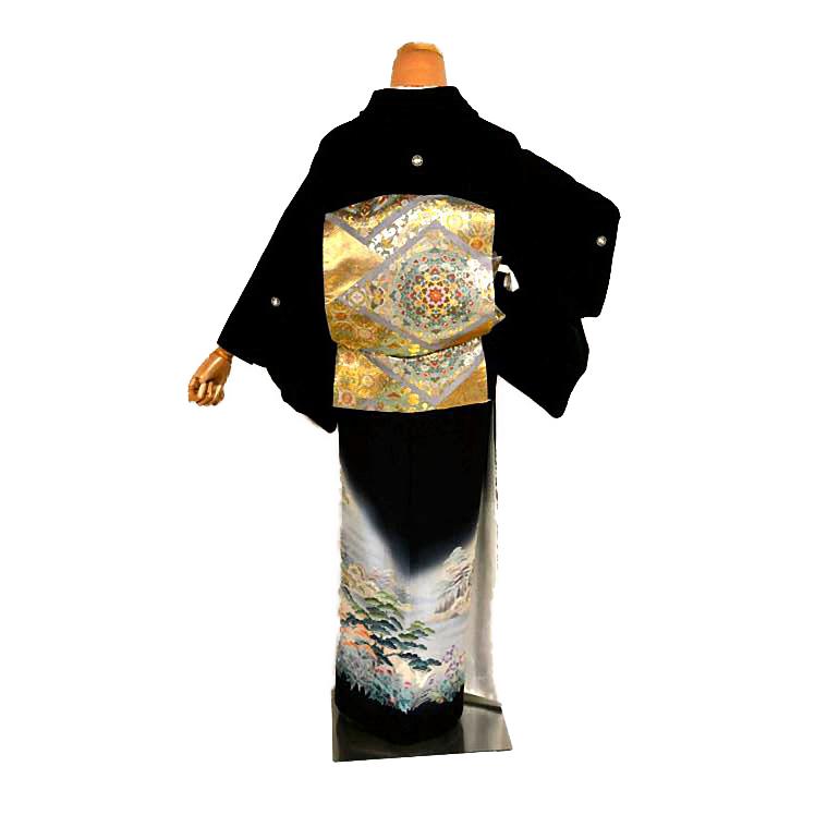 黒留袖 中古 着物 送料無料 最高峰 新品同様 十日町友禅作家・岡村蒼風 暈し染め 風景 花柄 比翼付身丈155.5ｃｍ 裄丈64.5ｃｍ 正絹 結婚式_4
