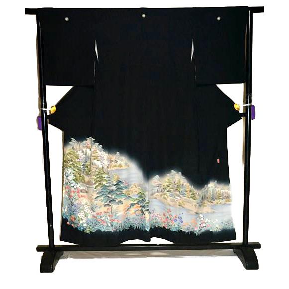 黒留袖 中古 着物 送料無料 最高峰 新品同様 十日町友禅作家・岡村蒼風 暈し染め 風景 花柄 比翼付身丈155.5ｃｍ 裄丈64.5ｃｍ 正絹 結婚式_5
