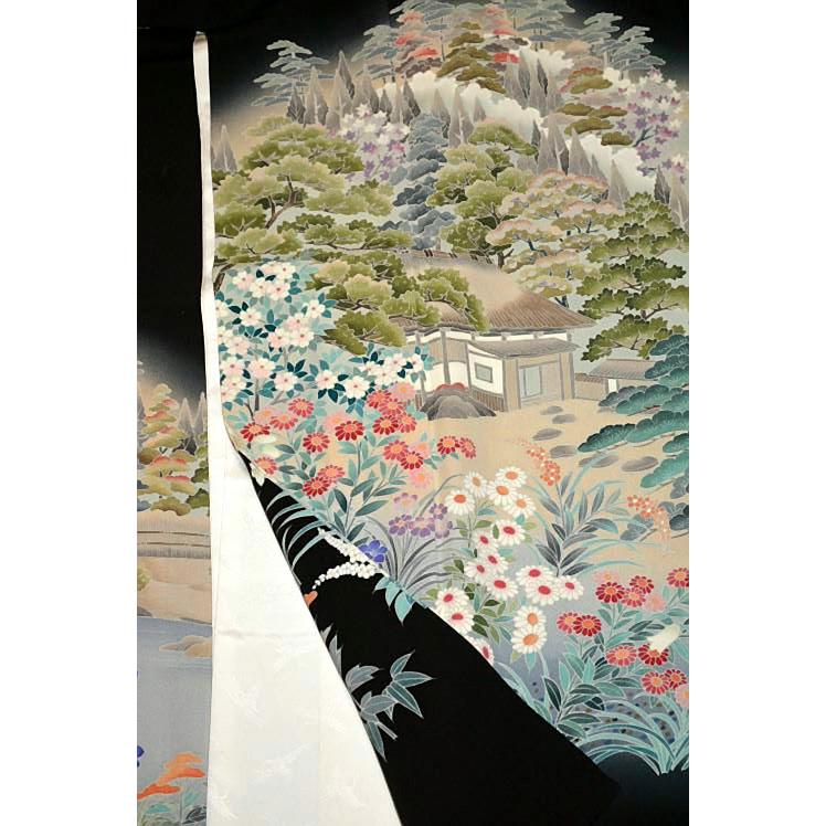 黒留袖 中古 着物 送料無料 最高峰 新品同様 十日町友禅作家・岡村蒼風 暈し染め 風景 花柄 比翼付身丈155.5ｃｍ 裄丈64.5ｃｍ 正絹 結婚式_8