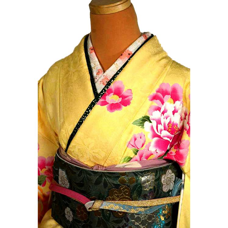 可愛い振袖 中古 着物 送料無料 最高峰 新品同様 暈し染め 金彩 シシュウ 花尽くし 牡丹 花柄 身丈164ｃｍ 裄丈66ｃｍ 黄色 正絹 成人式_1