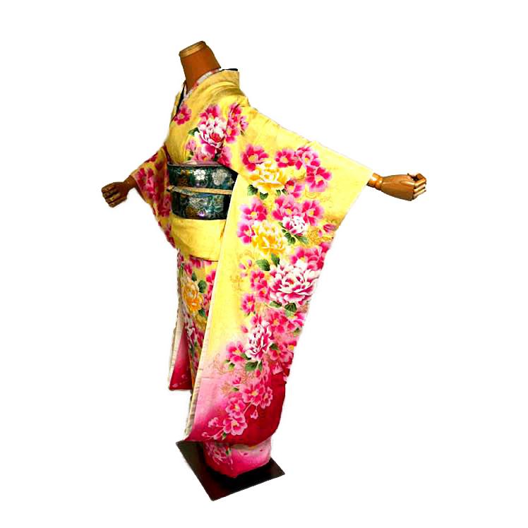 可愛い振袖 中古 着物 送料無料 最高峰 新品同様 暈し染め 金彩 シシュウ 花尽くし 牡丹 花柄 身丈164ｃｍ 裄丈66ｃｍ 黄色 正絹 成人式_3
