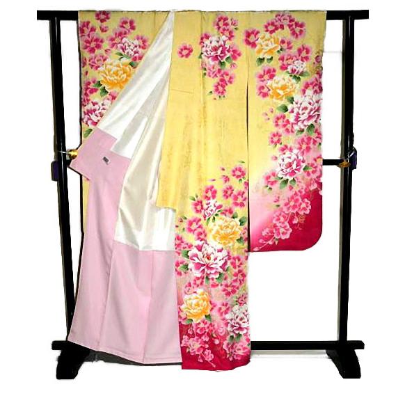 可愛い振袖 中古 着物 送料無料 最高峰 新品同様 暈し染め 金彩 シシュウ 花尽くし 牡丹 花柄 身丈164ｃｍ 裄丈66ｃｍ 黄色 正絹 成人式_6