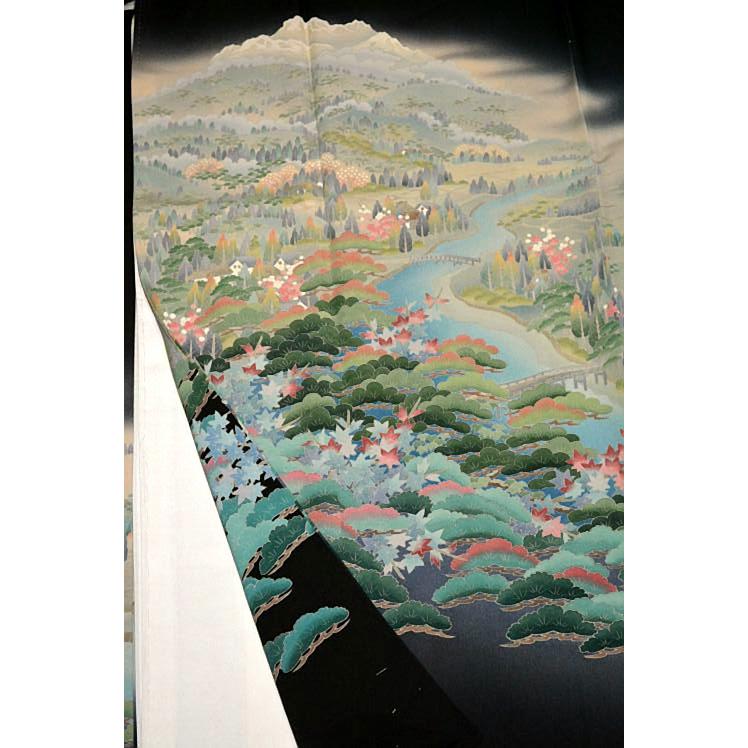 黒留袖 中古 着物 送料無料 最高峰 未使用品 十日町友禅作家・阿部佳雪 山水風景文 比翼付 身丈162.5ｃｍ 裄丈64ｃｍ 正絹 結婚式_8