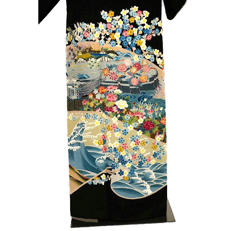 ［7214］黒留袖 美品 作家物 友禅 比翼付 五つ紋 下り藤 正絹 着物 袷 6111］黒留袖 美品 駒刺繍 落款有 比翼付 五つ紋 下り藤 正絹 着物 袷