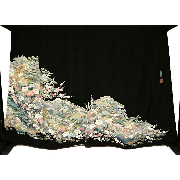 結婚式 「佐藤 潤」 極上縮緬地 本加賀友禅 黒留袖（正絹）仕立上り＜D634＞ 黒留袖 本場加賀友禅 佐藤潤 家紋 下り藤 裄68cm 身丈166cm 【中古】美