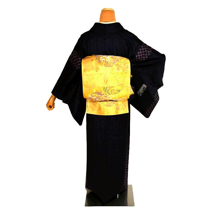 付下げ 中古 着物 送料無料 最高級 新品同様 作家物 金彩 短冊 草花文 花柄 市松文様 身丈160.5ｃｍ 裄丈64.5ｃｍ 正絹_4