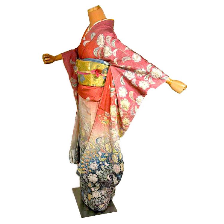58-振袖◇振袖単品 正絹 成人式や着付け練習 中古品 赤地 辻が花 振袖 
