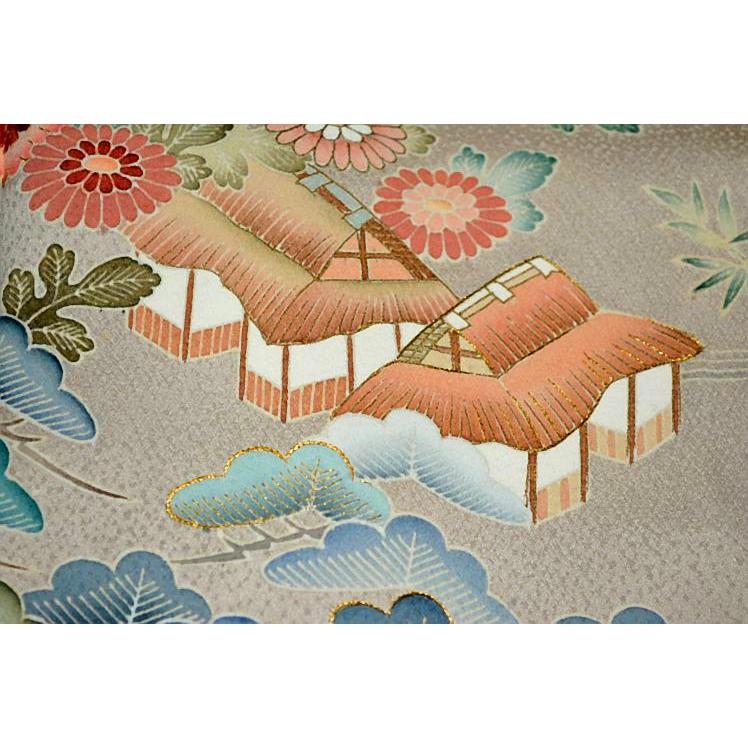 色留袖 中古 着物 最高峰 未使用品 名門上野家 四代目 上野真 二代目 上野為二 笹松梅風景 3つ紋 比翼付き 身丈身丈167cm 裄66cm_12