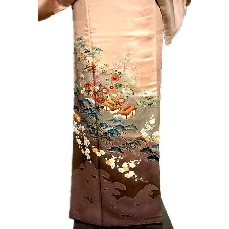 色留袖 中古 着物 最高峰 未使用品 名門上野家 四代目 上野真 二代目 上野為二 笹松梅風景 3つ紋 比翼付き 身丈身丈167cm 裄66cm_2