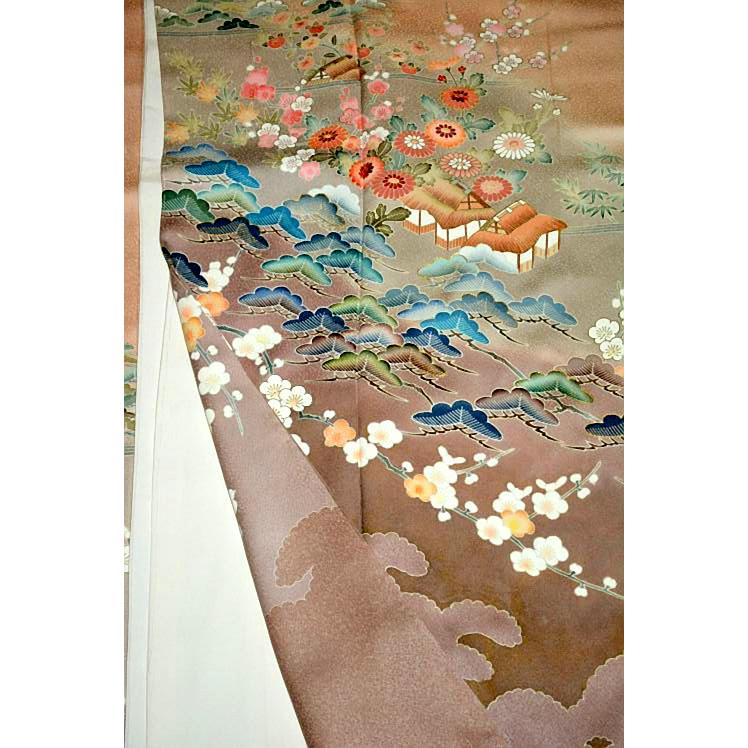 色留袖 中古 着物 最高峰 未使用品 名門上野家 四代目 上野真 二代目 上野為二 笹松梅風景 3つ紋 比翼付き 身丈身丈167cm 裄66cm_8