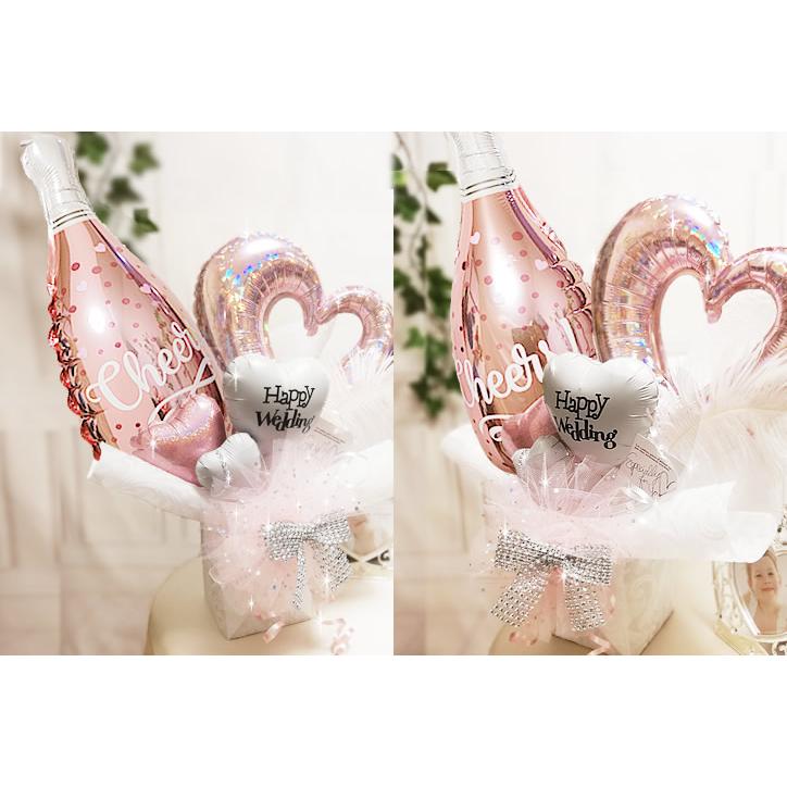 結婚式 バルーン電報 誕生日 プレゼント 大人の女性  キラキラ卓上バルーンアレンジ ピンクシャンパンとオープンハート/ピンク/シングル/M/白エンボス/名入れ | SNOOPY | 03