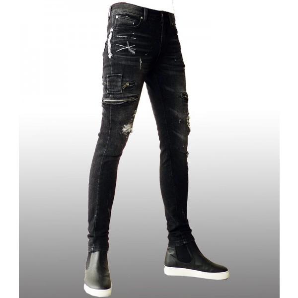 廃盤 black zipperスキニーデニム ZIP ジッパー デザイン クラッシュ アシンメトリー スキニー ジーンズ