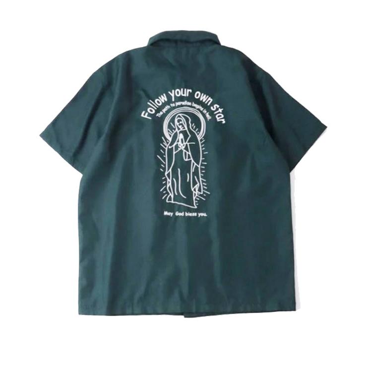 半袖シャツ メンズ ボーリングシャツ マリア刺繍 聖母マリア マリア像