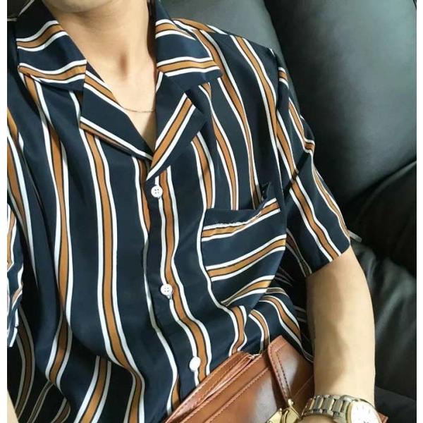 開襟シャツ ブリティッシュ ストライプ 半袖 メンズ ロカビリー レトロ