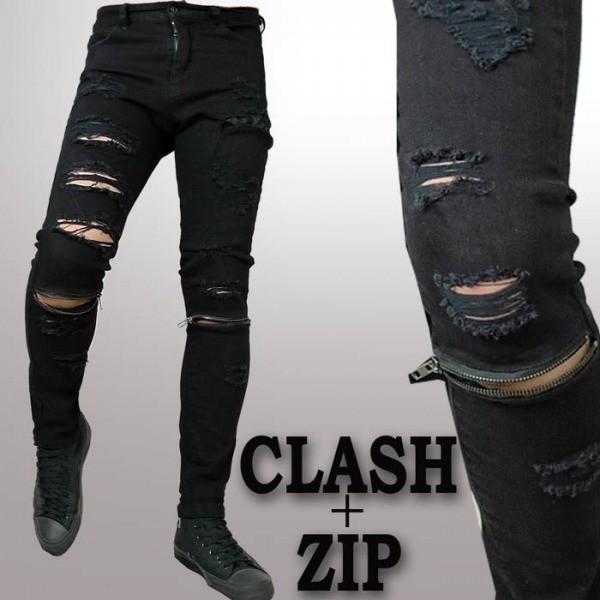 膝ZIP+ダメージ加工 クラッシュ ブラック スキニー パンツ スキニー