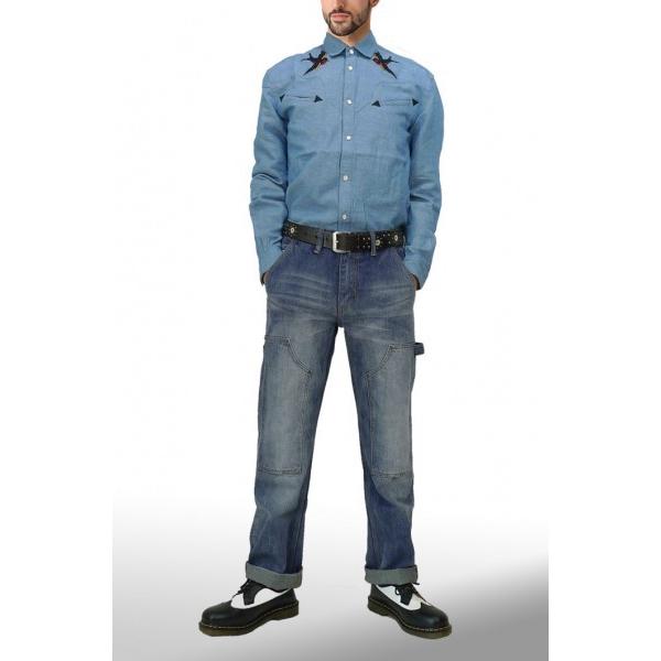 ウエスタン シャツ ツバメ刺繍 麻混 デニムシャツ ウォッシュ ブルー