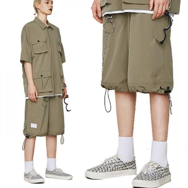 Dezznディズーン ハーフパンツ 短パン ショートパンツ すそ調整　カーキ かっこいい ウエストゴム