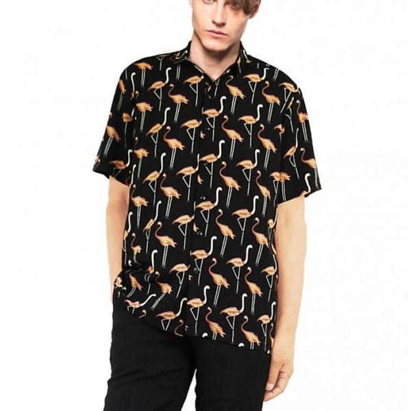 開襟シャツ フラミンゴ柄シャツ 半袖 メンズ レトロシャツ 半袖 カット