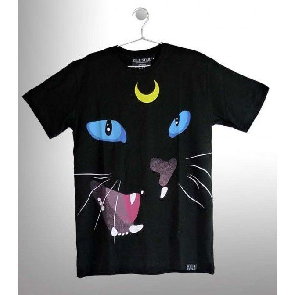 ユニセックスの月と鮮やかなブルーの目が光る猫・デザインTシャツ黒