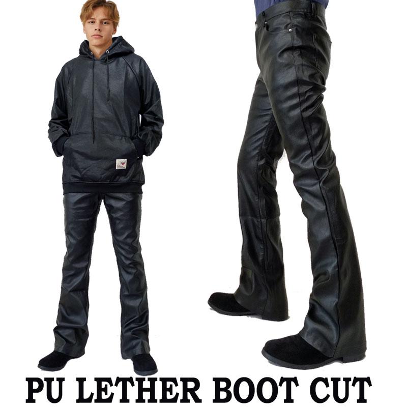 PUレザー ブーツカット ブラック ベルボトム フェイクレザーパンツ