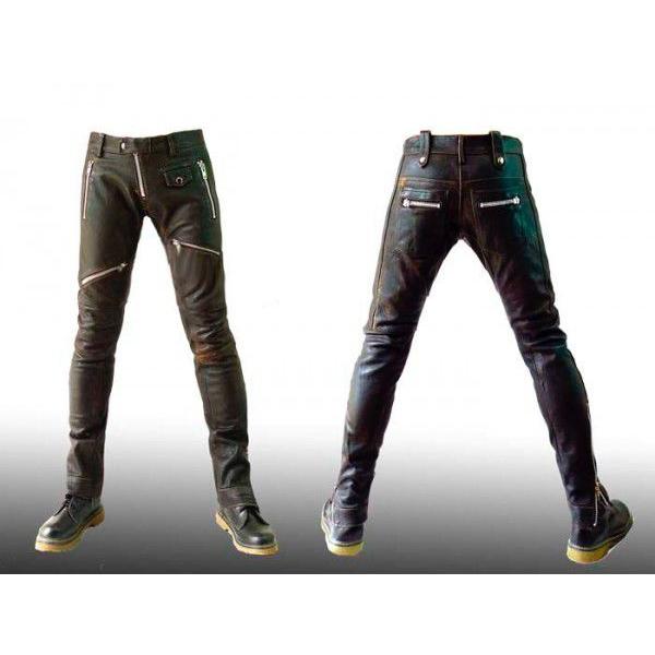 ZIPデザインが斬新なWADオリジナルの本革バイカーズ・スキニーパンツ