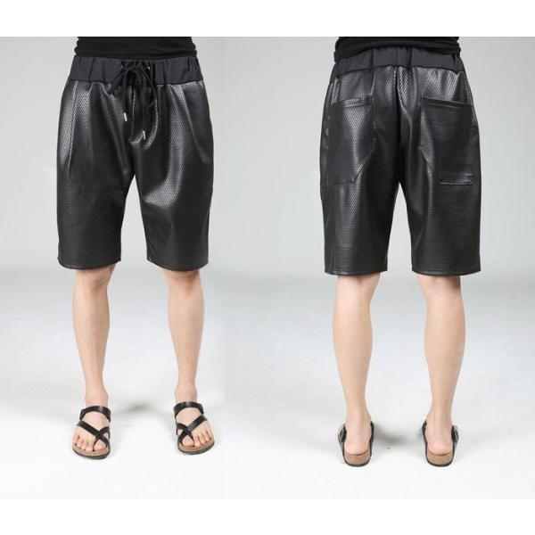 パンチングPUレザーのサルエル ハーフパンツ、モード系,フェイク