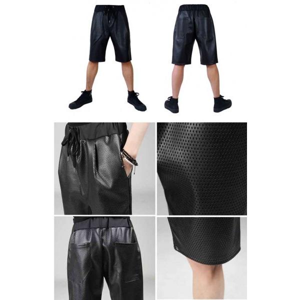 パンチングPUレザーのサルエル ハーフパンツ、モード系,フェイク