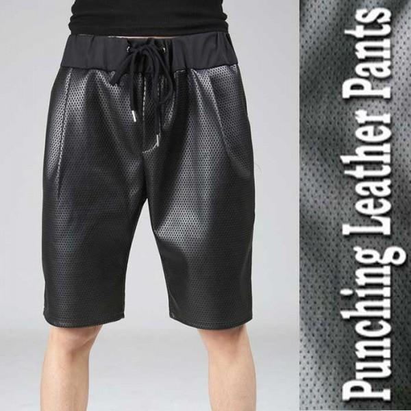 パンチングPUレザーのサルエル ハーフパンツ、モード系,フェイク
