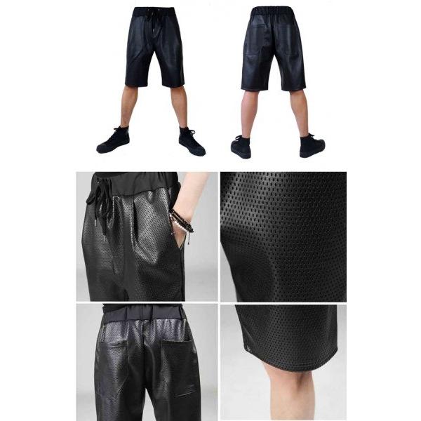 パンチングPUレザーのサルエル ハーフパンツ、モード系,フェイク