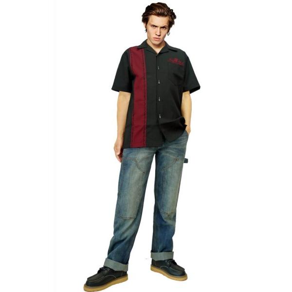 メンズ ボーリングシャツ ボウリングシャツ 開襟シャツ 半袖 ブラック