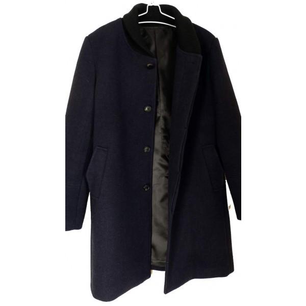 ウールコート ダークブルー ニットのショールカラー（へちま襟）コート
