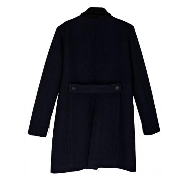 ウールコート ダークブルー ニットのショールカラー（へちま襟）コート