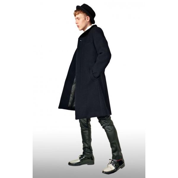 ウールコート ダークブルー ニットのショールカラー（へちま襟）コート