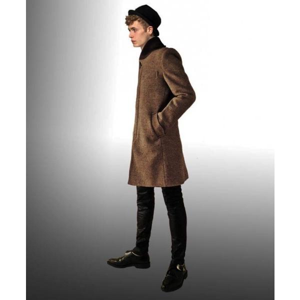 ウールコート ブラウン ツイード コート ロング丈 ニットのショールカラー（へちま襟）ブリティッシュで上品なメンズコート ロックファッション