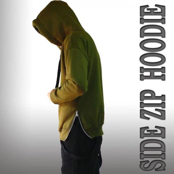 サイドにZIPアクセントの変形カーキ パーカー フーディー ROCK PUNK