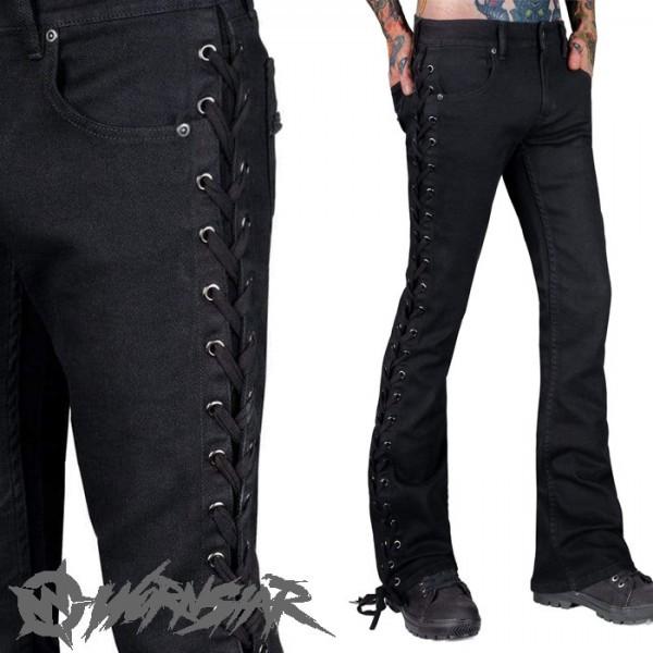 再再販 ブラック オーンスター Wornstar 編み込み レースアップ ジーンズ ブーツカット Wornstar オーンスター ジーンズ ベルボトム ブーツカット ジーンズ ロックファッション パンクファッション ベルボトム ボトムス パンツ