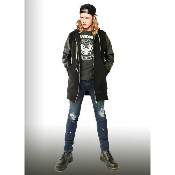 ロングシルエット サイドにZIP＆袖フェイクレザー切り替え パーカー