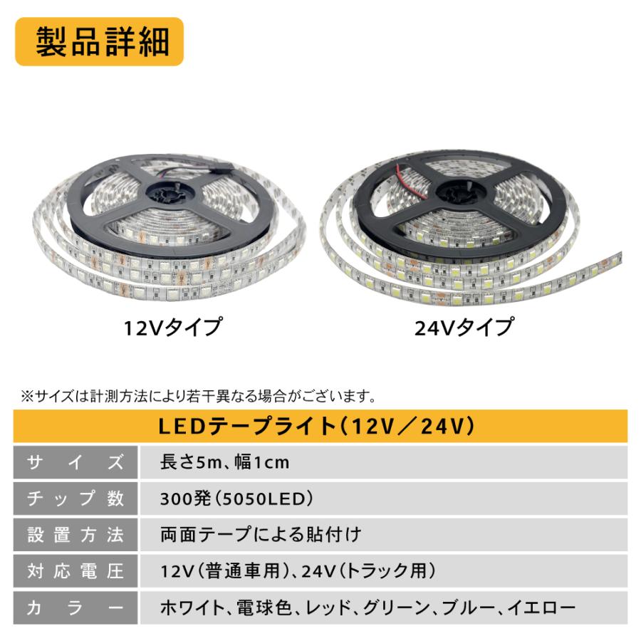 選べる6色 LEDテープライト LED テープライト 防水 防塵 12V 24V 5m