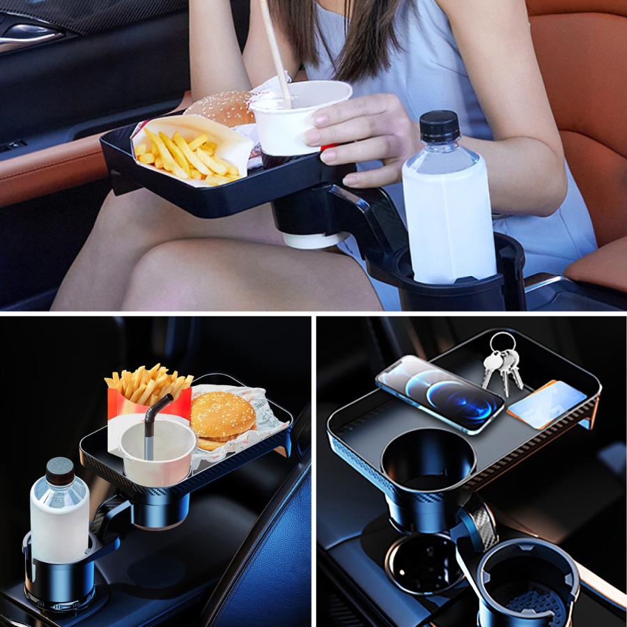 トレイの2人 車用 ドリンクホルダー トレイ付き 2in1 多機能 車載 カップホルダー