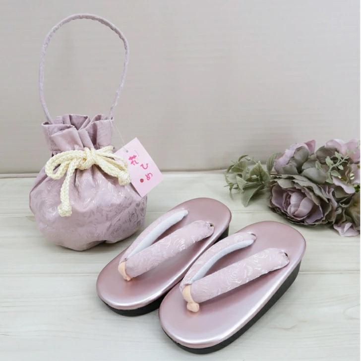 子ども草履・巾着セット【バラ柄】 16.0cm 18.0cm ピンク くすみ