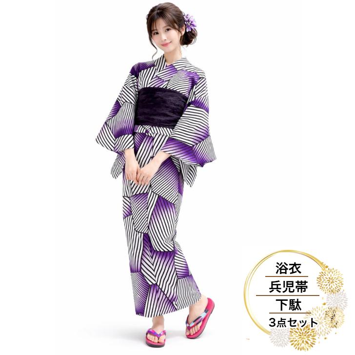 浴衣/兵児帯/下駄 3点セット(4)】 レディース 浴衣セット くしゅくしゅ
