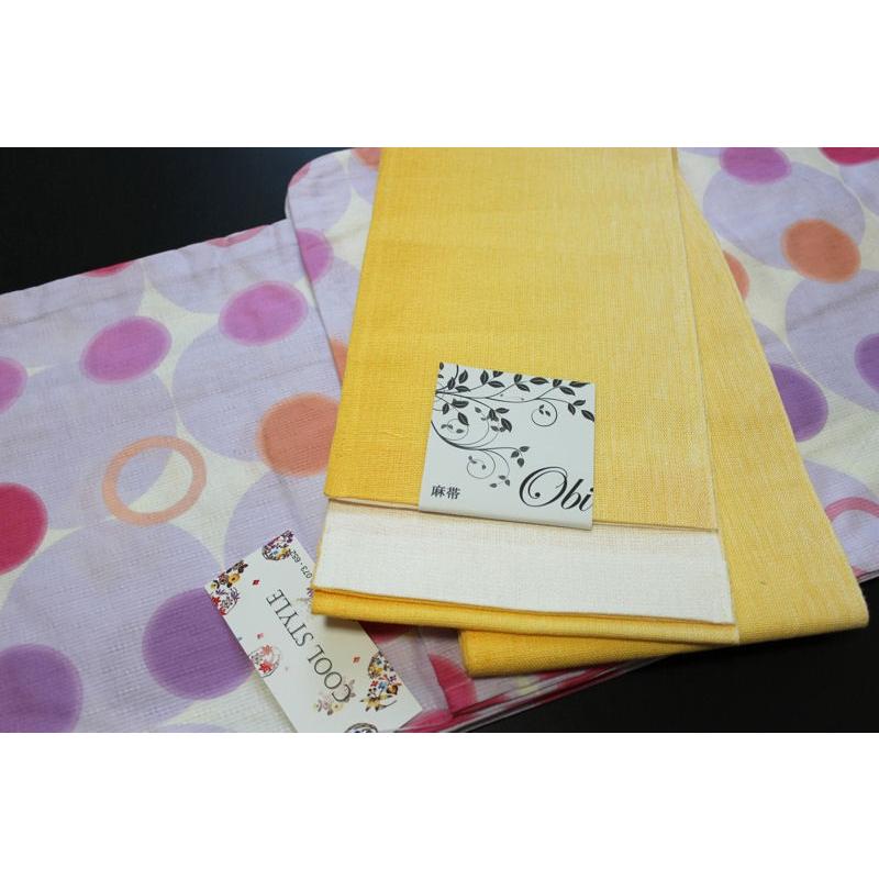 変わり織り個性派浴衣＆麻半幅帯セット-No.009【浴衣の色：薄紫色 麻