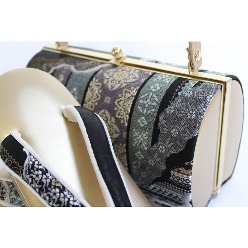 帯地・草履バックセット-No.632【正絹帯地/ゴールド台/LLサイズ/合皮