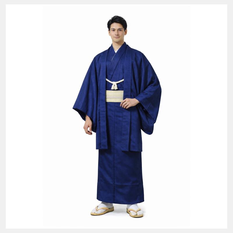 洗える 着物 男 アンサンブル 2点セット 紺色 菱紋様 サイズ 8号