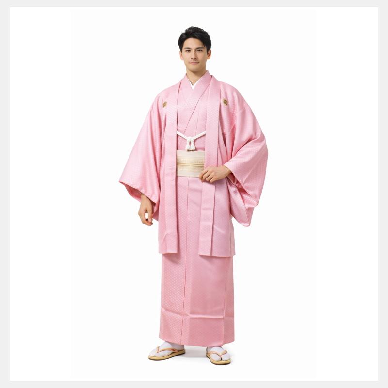 洗える 着物 男 アンサンブル 2点セット ピンク色 菱紋様 全3サイズ (8