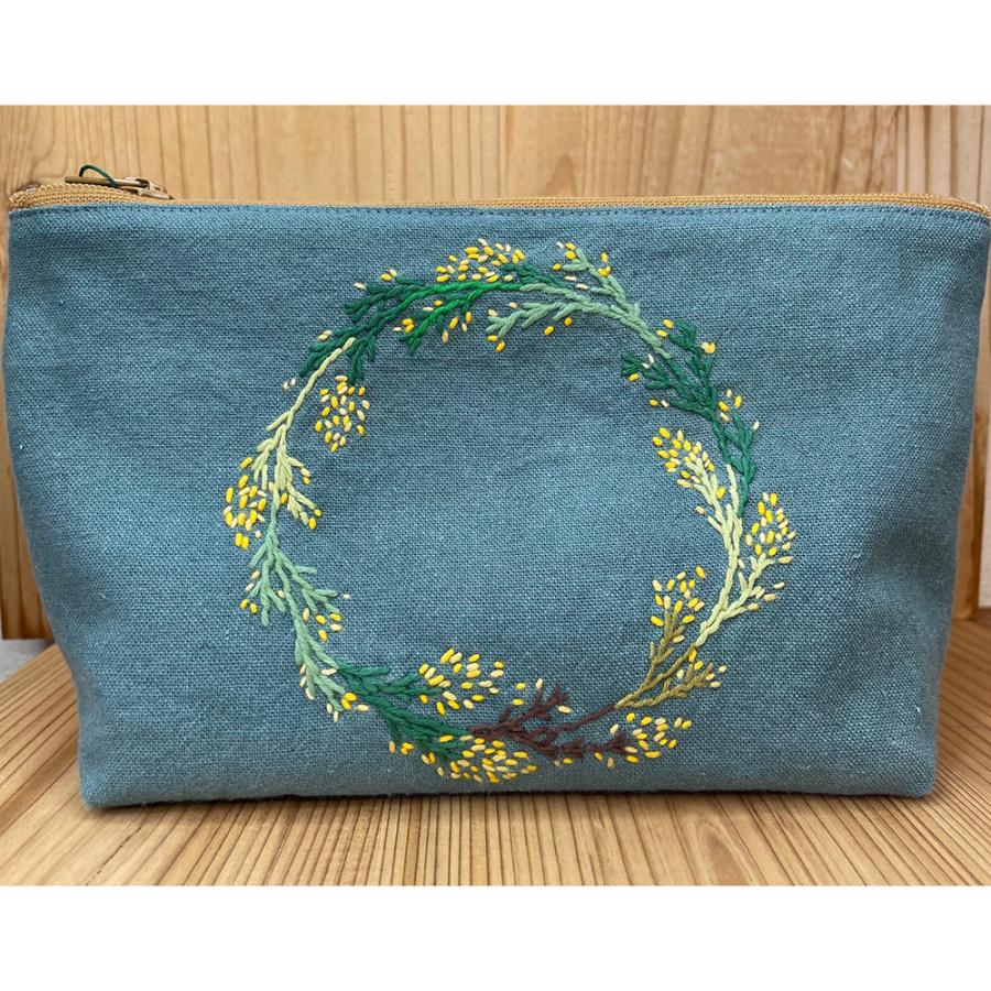 刺し子ポーチ ミモザリース グリーン とちぎのいいもの物産展 刺繍 小物 ハンドメイド 手作り 栃木県 お土産 プレゼント ギフト おすすめ わが街とくさんネット 通販 Paypayモール
