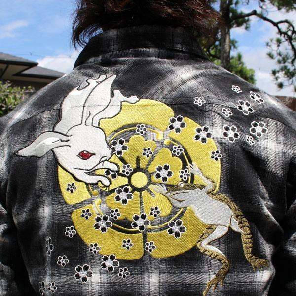 希少 新品 ちきりや 藤 兎 刺繍 半袖シャツ 黒 Ｌ　ワークシャツ 楽天市場】CHIKIRIYA[ちきりや] 藤兎 刺繍 和柄半袖シャツ/CKR