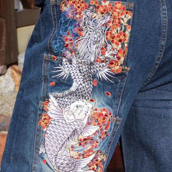 送料無料】和柄 ジーンズ 和柄刺繍ハーフパンツ 龍鯉柄【J212-3 送料無料】和柄 ジーンズ 和柄刺繍ハーフパンツ 龍鯉柄【J212-3