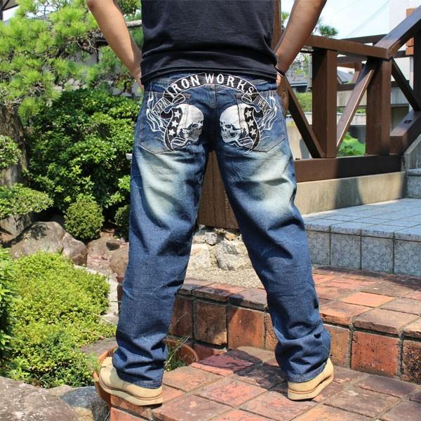 送料無料】和柄ジーンズ ドクロ刺繍ジーンズ ドクロ刺繍ジーパン